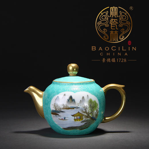 【宝瓷林】湖水绿扒花粉彩开光山水圆珠壶 商品图0