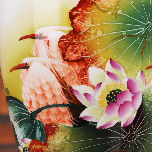 名家俞金喜 景德镇陶瓷器花瓶 高档礼品瓷手绘粉彩荷花白鹭花瓶