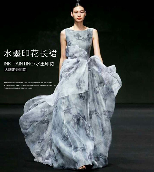 2015夏季新款欧美大牌水墨印花仙女雪纺长裙 无袖大摆连衣裙