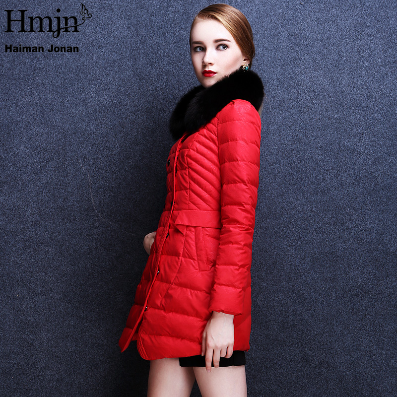 hmjn海蔓娇娜正品 韩版修身双排扣毛领羽绒服反季促销