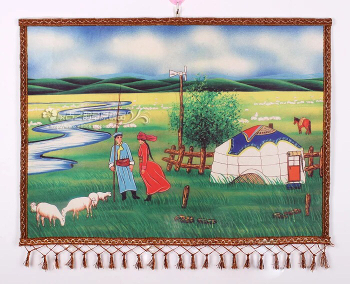 蒙古毡画 内蒙古工艺品 蒙古族特色羊毛彩色毡画草原