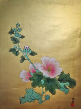 临 宋画小品 芙蓉图 绢本设色 直接画在绢布上 45x30cm