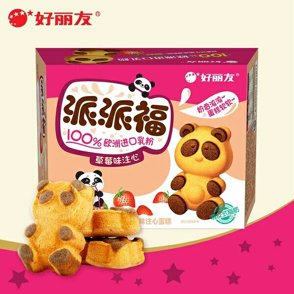 好丽友熊猫派派福草莓牛奶味4枚 100g 休闲食品零食点心夹心蛋糕