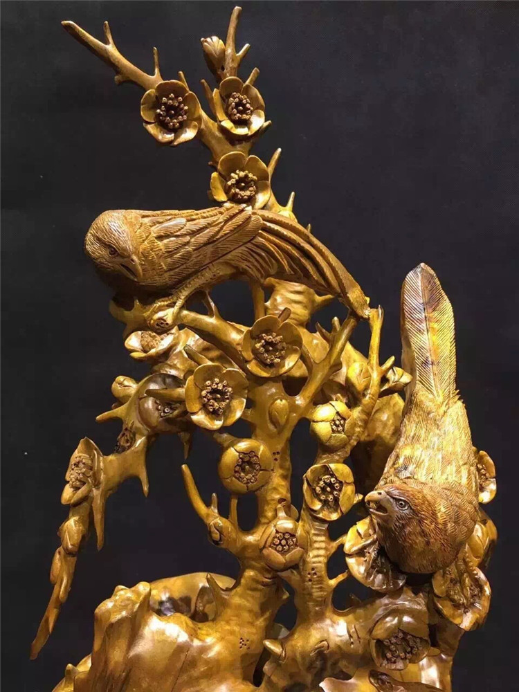 喜鹊闹楣 金丝楠木 工艺品花鸟手工礼品文玩根雕天然摆件木雕批发