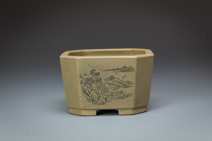 本源紫砂 纯手工制作的方盆 微型花盆 周胜制作,秋石刻绘