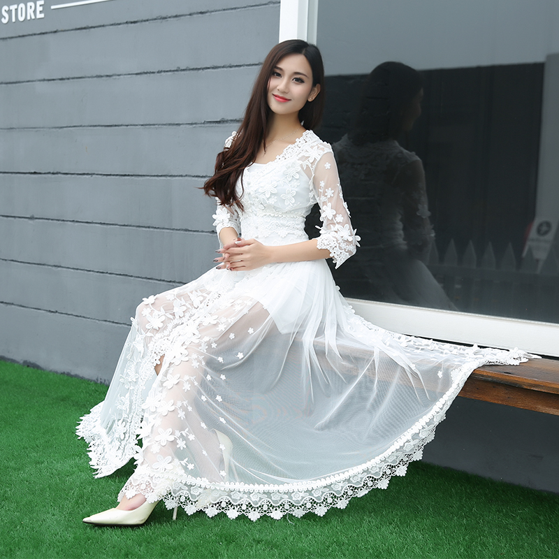 寒冰紫雨 白色蕾丝网纱连衣裙 女装夏装2016新款潮 开叉立体绣花 重