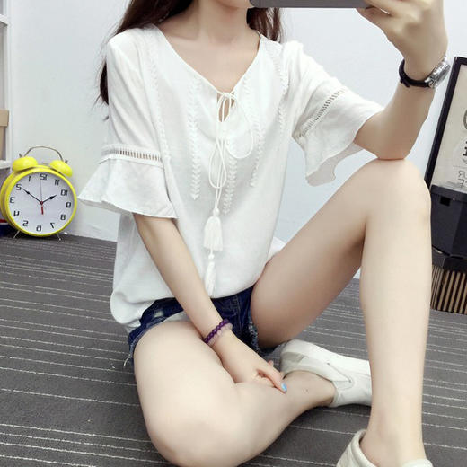 【服饰鞋包】夏季韩版棉麻短袖修身民族风绑带简约上衣搭气质个性上衣 商品图1