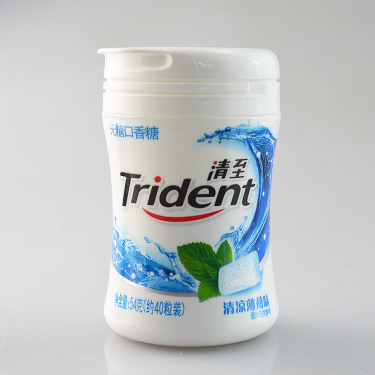 trident清至口香糖清凉薄荷味钟汉良代言无糖木糖醇54g约40粒罐装