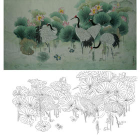 横幅工笔花鸟白描底稿-仙鹤-池塘荷花白鹤-A003