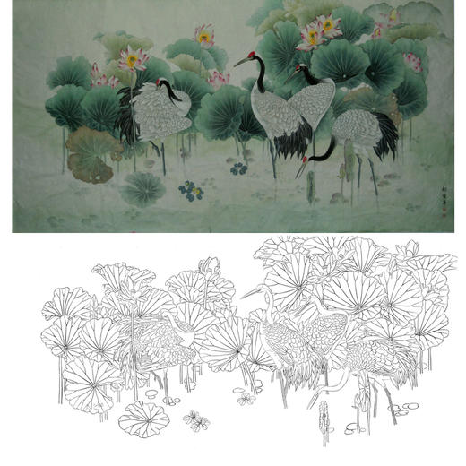 横幅工笔花鸟白描底稿-仙鹤-池塘荷花白鹤-A003 商品图0