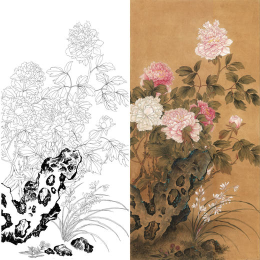 竖幅四尺六尺工笔花鸟白描底稿-牡丹-A134 商品图0