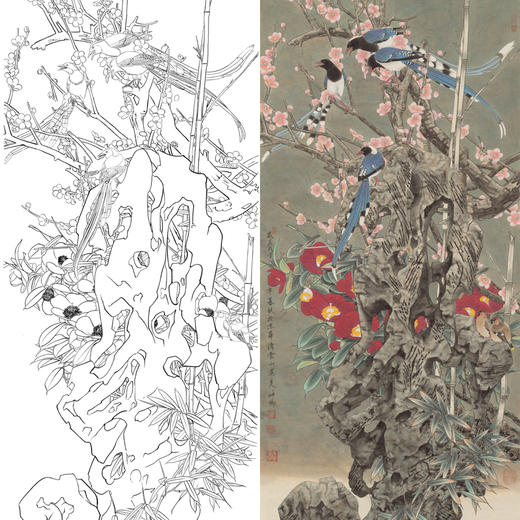 竖幅工笔花鸟白描底稿-山茶花喜鹊-A120 商品图0