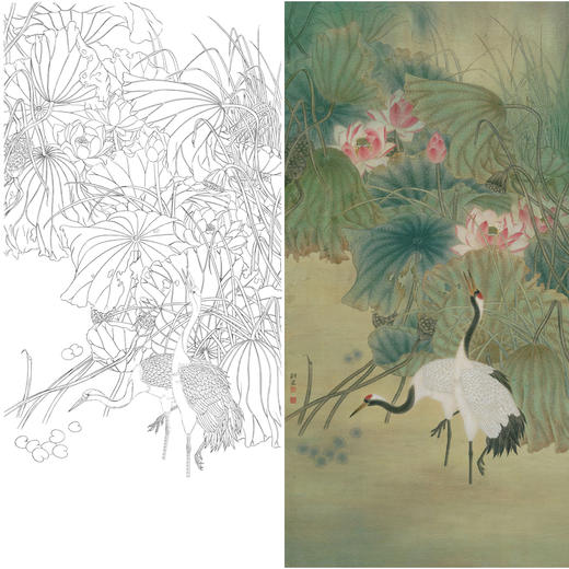 竖幅工笔花鸟白描底稿-荷花仙鹤-李科宏-A136 商品图0