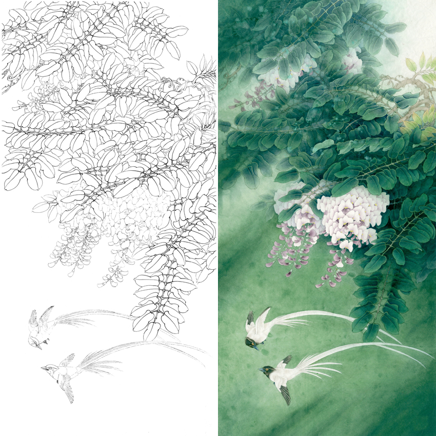 竖幅工笔花鸟白描底稿-紫藤绶带-李晓明-A132