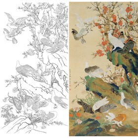 竖幅四尺六尺工笔花鸟白描底稿-陈之佛-梅花鸽子-和平之春-A089