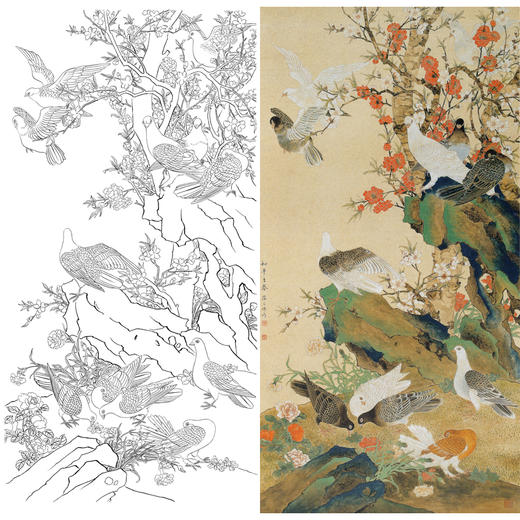 竖幅四尺六尺工笔花鸟白描底稿-陈之佛-梅花鸽子-和平之春-A089 商品图0