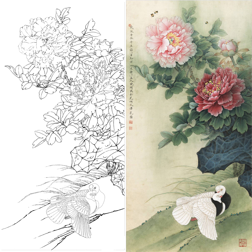 竖幅工笔花鸟白描底稿-牡丹鸽子-李晓明-A133