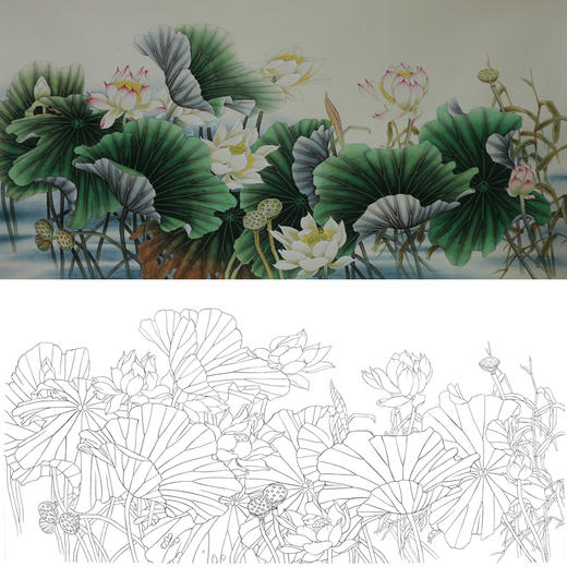 横幅四尺六尺工笔花鸟白描底稿-荷花-A161 商品图0