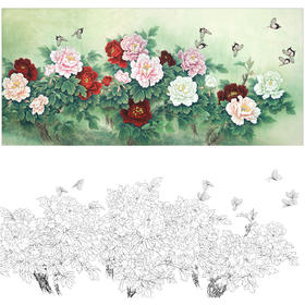 横幅工笔花鸟白描底稿-牡丹蝴蝶-李晓明-A179