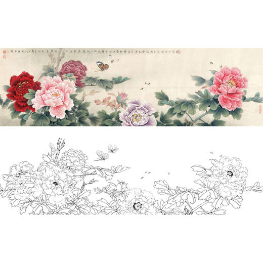 横幅工笔花鸟白描底稿-牡丹-李晓明-A167 商品图0