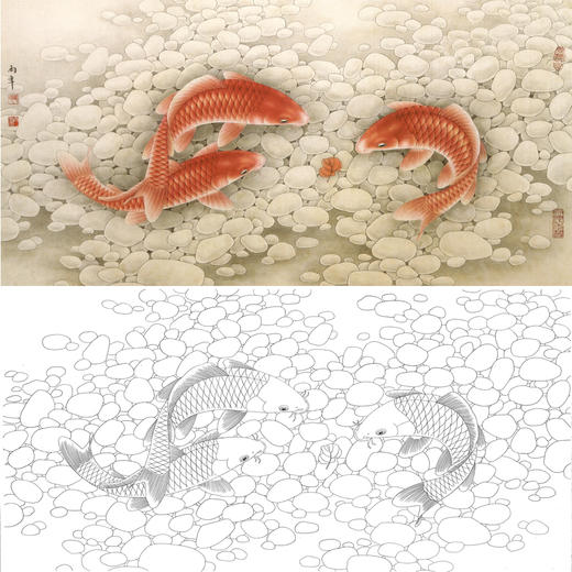 横幅四尺六尺工笔花鸟白描底稿-路雨年-鲤鱼-A156 商品图0