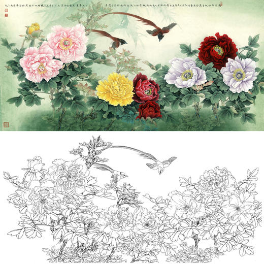 横幅工笔花鸟白描底稿-牡丹-李晓明-A178 商品图0