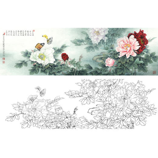 横幅工笔花鸟白描底稿-牡丹-李晓明-A170 商品图0