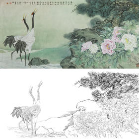 横幅工笔花鸟白描底稿-松鹤牡丹-郑路迅-A174