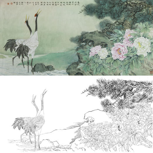 横幅工笔花鸟白描底稿-松鹤牡丹-郑路迅-A174 商品图0