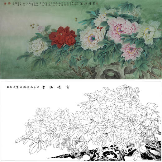 横幅工笔花鸟白描底稿-牡丹-郑路迅-A177 商品图0