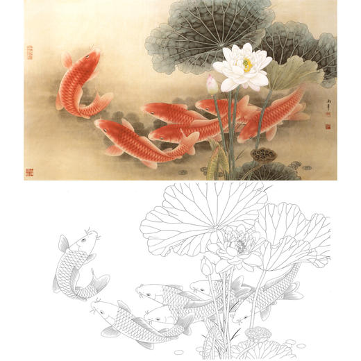 横幅四尺六尺工笔花鸟白描底稿-路雨年-荷花鱼-A155 商品图0