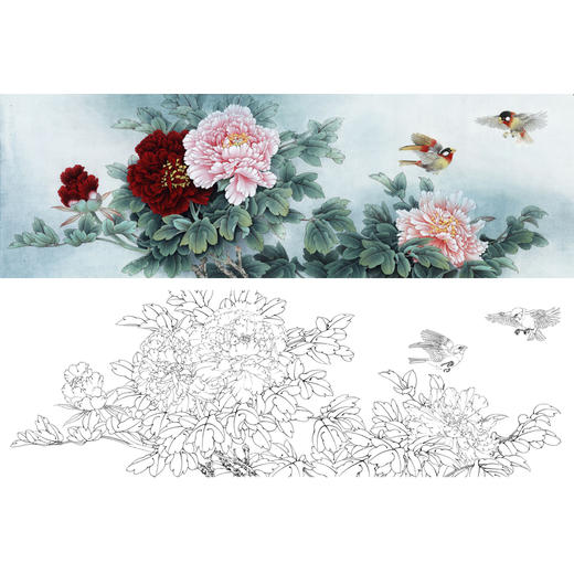 横幅工笔花鸟白描底稿-牡丹-李晓明-A169 商品图0