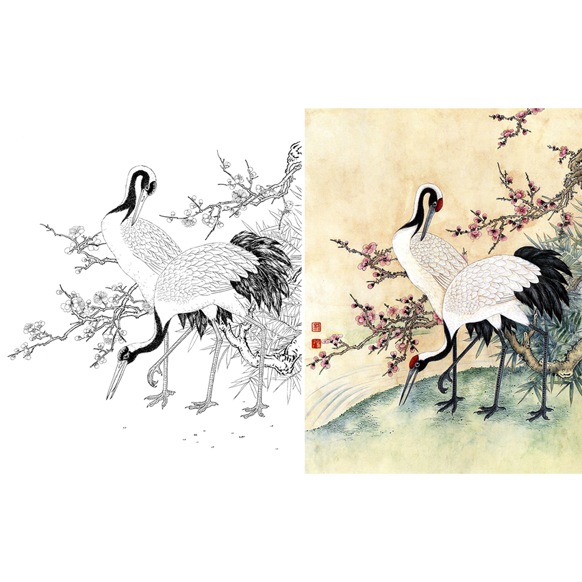 白描底稿-工笔花鸟-梅花仙鹤-a183