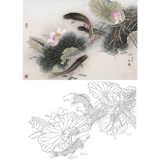 横幅工笔花鸟白描底稿-路雨年-荷花鲤鱼-A197 商品图0