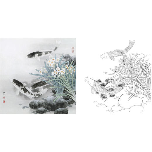 工笔花鸟白描底稿-路雨年-鲤鱼-斗方小品册页-A324 商品图0