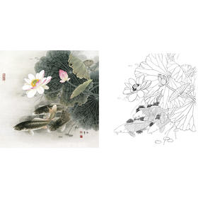 工笔花鸟白描底稿-路雨年-鲤鱼-斗方小品册页-A322
