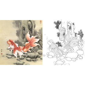 工笔花鸟白描底稿-路雨年-金鱼-斗方小品册页-A328