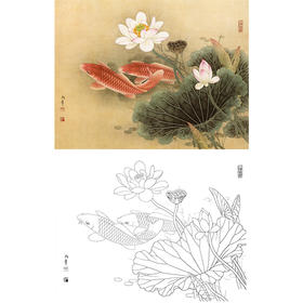 工笔花鸟白描底稿-路雨年-荷花鲤鱼-斗方小品册页-A250