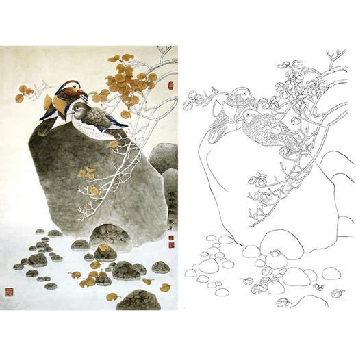 竖幅工笔花鸟白描底稿-鸳鸯-A312 商品图0
