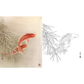 工笔花鸟白描底稿-路雨年-鲤鱼-斗方小品册页-A255