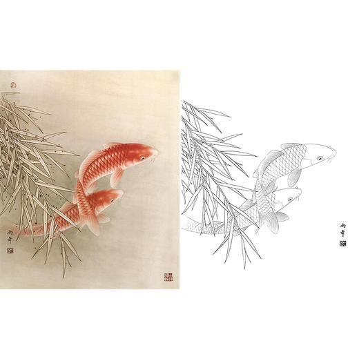 工笔花鸟白描底稿-路雨年-鲤鱼-斗方小品册页-A255 商品图0