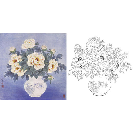 工笔花鸟白描底稿-田希丰牡丹-斗方小品册页-A375 商品图0