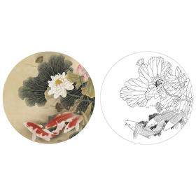 工笔花鸟白描底稿-路雨年-荷花鲤鱼-斗方小品册页-A426
