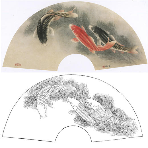 工笔花鸟白描底稿-路雨年-鲤鱼扇面小品-A353 商品图0