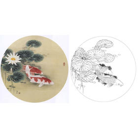 工笔花鸟白描底稿-路雨年-荷花鲤鱼小品-A427