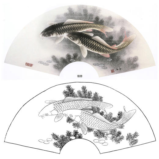 工笔花鸟白描底稿-路雨年-偕游-鲤鱼扇面小品-A351 商品图0