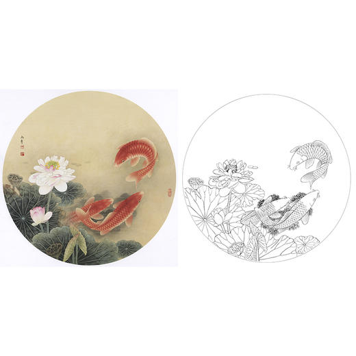 工笔花鸟白描底稿-路雨年-荷花鲤鱼小品-A424 商品图0