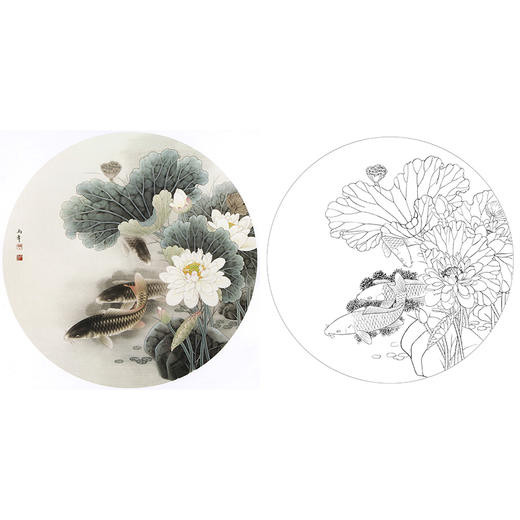 工笔花鸟白描底稿-路雨年-荷花鲤鱼小品-A423 商品图0