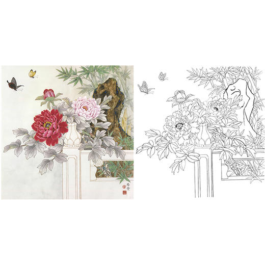 工笔花鸟白描底稿-田希丰牡丹-斗方小品册页-A479 商品图0