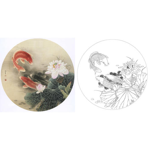 工笔花鸟白描底稿-路雨年-荷花鲤鱼小品-A411 商品图0